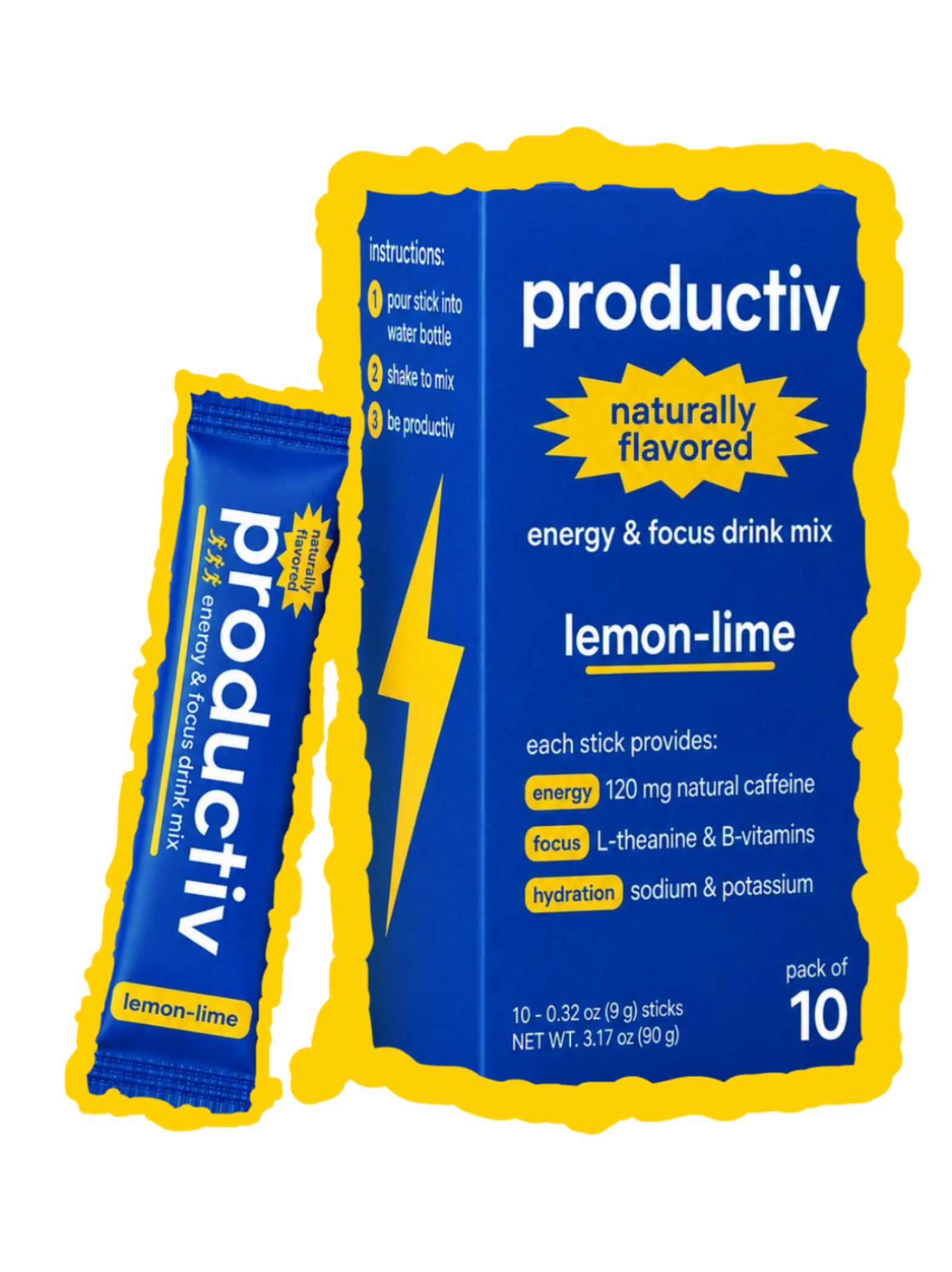 Productiv lemon-lime energy and focus drink mix box and stick pack